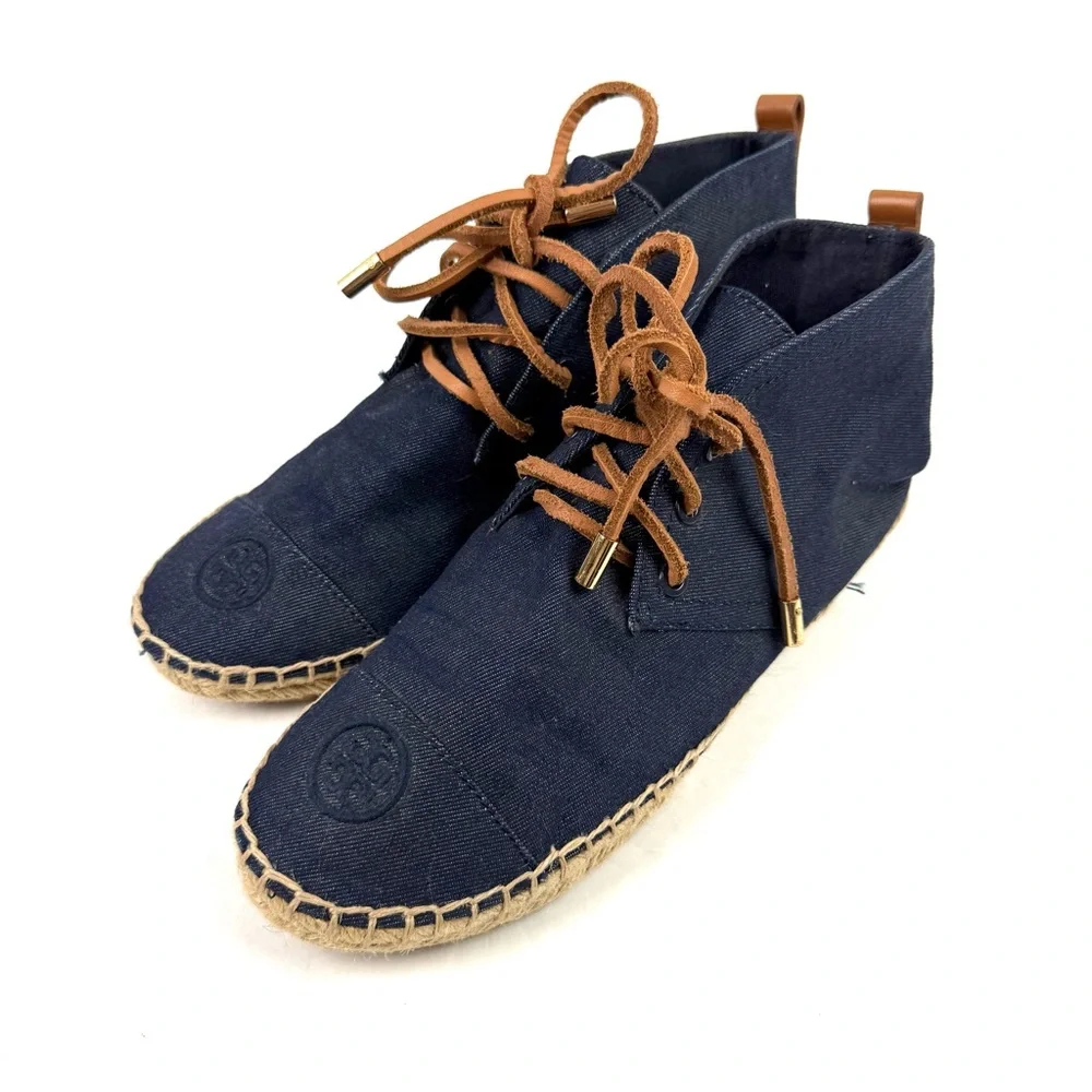 Tory‎ Burch High Top Denim Espadrille Shoes 8 Lace Up Bootie Womens Designer